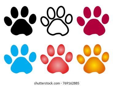 Colorful set of silhouette animal paw track. Outline and flat design. Vector illustration