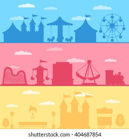 Colorful set silhouette of carnival funfair and amusement park. Vector background illustration for web design banner and print