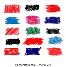 Colorful Set of simple bold hatching doodle lines, curves, frames. Pencil sketch isolated on white. Vector marker line blots set. Hand drawn black grunge scribble backgrounds for your design.
