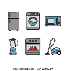 Conjunto colorido de seis eletrodomésticos em estilo cartoon, incluindo geladeira, máquina de lavar, micro-ondas, liquidificador, forno com fogo e aspirador de pó em fundo branco