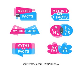 Colorful set of six logos showing the concept of myths versus facts, separating truth from lies