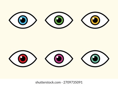 Colorido conjunto de seis ojos humanos estilizados con diferentes colores de iris
