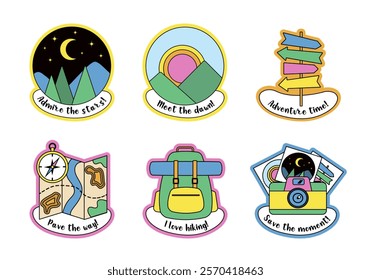 A colorful set of six tourist-themed stickers, perfect for outdoor enthusiasts and nature lovers. It includes motifs such as mountains, maps, a backpack, and inscriptions.