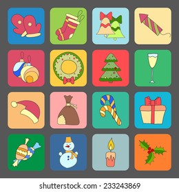 colorful set of sixteen Christmas and New Year icons