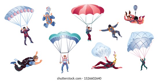 Colorful set of skydivers. Vector illustration in flat cartoon style