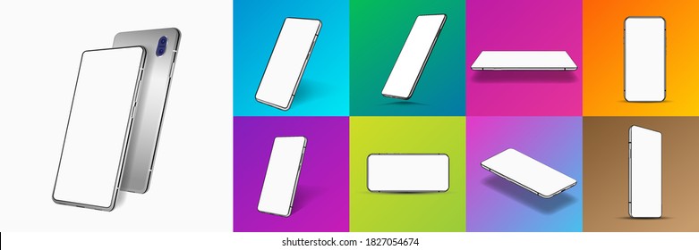 Colorful set smartphones with blank frame screen and rotated position, frontal, perspective and other. 3D realistic smartphones for presentation UI, UX, KIT. Vector device set. Smartphones detailed!