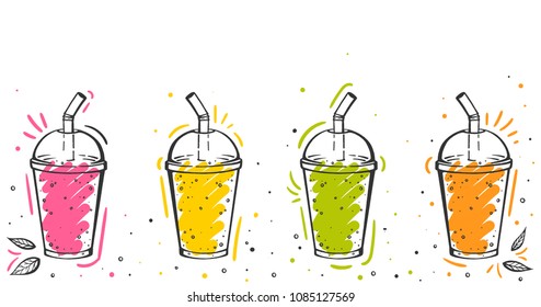 Colorful Set of smoothies. Superfoods and health or detox diet food concept in sketch style.