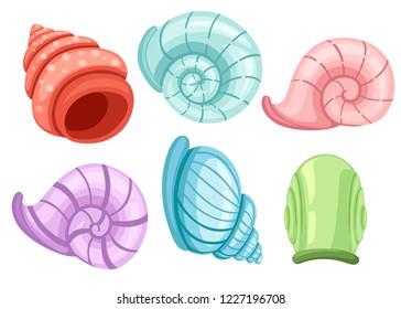 Colorful set of snails shells. Different shapes and colors. Archaeological finds. Flat vector illustration isolated on white background.