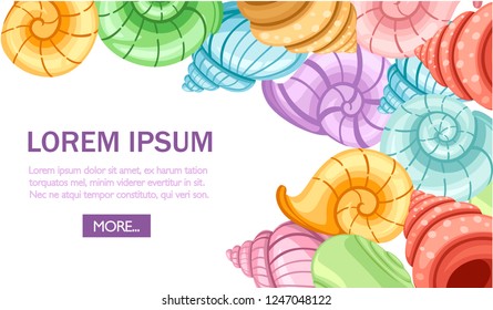 Colorful set of snails shells. Different shapes and colors. Archaeological finds. Flat vector illustration on white background. Place for text, web site page and mobile app design.