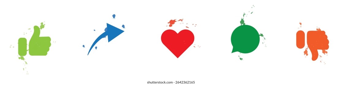 Colorful set of social media icons with paint splatter effect, including like, share, heart, message, and dislike symbols.