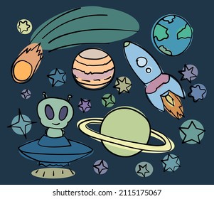 Colorful set of space objects with stars, planets, comet, rocket and ufo.