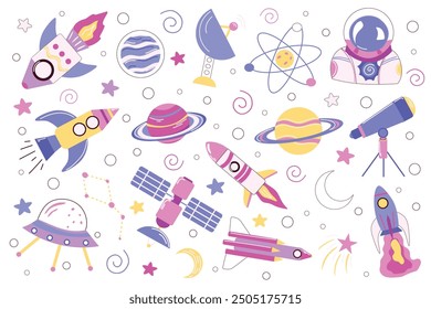 A colorful set of space-themed elements featuring rockets, planets, UFOs, and satellites. Perfect for children's products, educational materials, and creative projects.