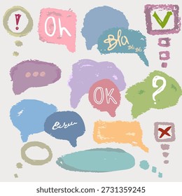 Colorful set speech bubble.Hand drawn with texture.Doodle dialog elements. Vector, isolated.
