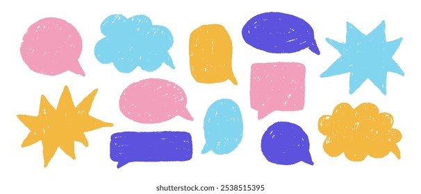 Colorful set of speech bubbles. Hand drawn chalk various forms of windows, clouds for chat, messages. Vector elements for text on white background