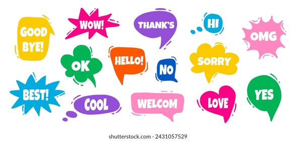 Colorful set of speech bubbles. Various forms of windows, clouds for chat, messages with phrases. Vector elements for text on white background