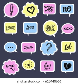 Colorful set of speech or thought bubbles. Vector illustration. Yes, no, bay, omg, OK, hello, hi, xoxo, lol, love, 
