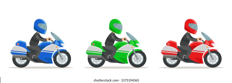 Colorful set of sports motorcycles with rider. Red, blue and green motorbike with motorcyclist. Design element, object, icon. Vector illustration flat cartoon style. Isolated on white background.