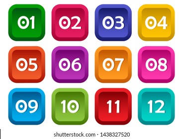 Colorful set of square buttons with numbers from 01 to 12. Vector illustration