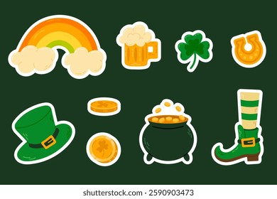 A colorful set of St. Patrick’s Day stickers, including rainbows, shamrocks, gold coins, leprechaun hats, and beer mugs. Perfect for festive designs and digital art.