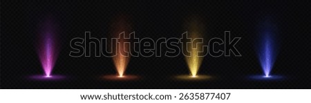 Colorful set of stage spotlights with glowing beams and shimmering sparkles on dark background.