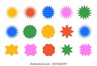 Colorido conjunto de Formas de estallido estelar, etiqueta de Precio de venta, icono de sol o etiqueta aislada sobre un fondo blanco. Ilustración vectorial