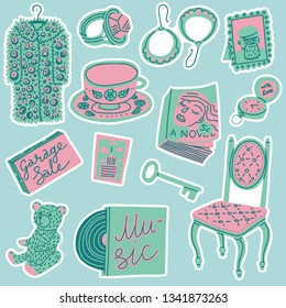 Colorful set of stickers or patches about vintage and thrift shopping. Items sold at flea markets and garage sales. Hand-drawn cartoon style. Pastel colors, square layout, cutout shape for plotter.