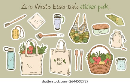 A colorful set of stickers in vector doodle-sketch style with zero waste items, including reusable bags, bottles, containers, natural accessories, and a fresh vegetable basket