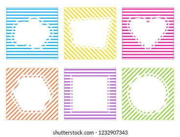 Colorful set of striped frame with different shapes, space for your text. Vector illustration