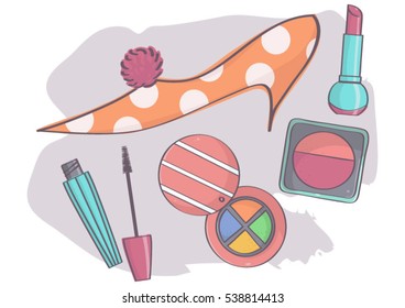 Colorful set with stylish stiletto shoe and makeup. Fashion and beauty products collection.