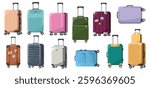 Colorful set of suitcases and bags on white background. Vector illustration