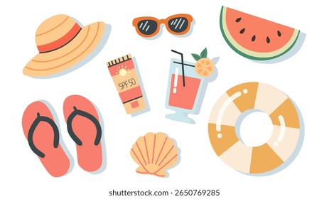 Colorful set of summer beach essentials including hat, sunglasses, sunscreen, juice, flip-flops, seashell, float, and watermelon. Perfect for vacation and tropical designs.