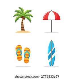 A colorful set of summer beach items shows a palm tree with coconuts, red umbrella, striped flip flops, and blue surfboard on a white background.