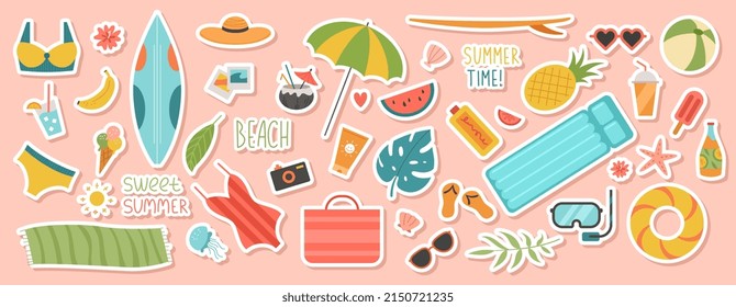 Colorful set of summer stickers. Bright decorations for diary. Swimsuit, sunglasses, umbrella, watermelon, pineapple, ice cream and camera. Cartoon flat vector collection isolated on pink background