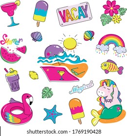 Colorful set of summer styled icons stickers. 