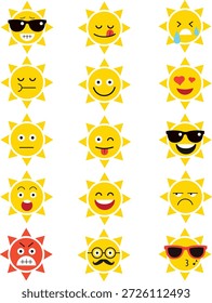 Um conjunto colorido de emojis do sol e ícones vetoriais com uma ampla gama de expressões faciais e emoções, incluindo rostos felizes, decolados, tristes, com raiva, surpresos e apaixonados. Esses gráficos divertidos do sol são perfeitos para projetos de design digital, aplicativos meteorológicos, posts de mídias sociais, mensagens, adesivos e expressão emocional na comunicação visual moderna.