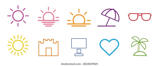 Colorful set: sun, thermometer, umbrella, light bulb, cloud, snowflake, moon, gift box, envelope, heart, scissors