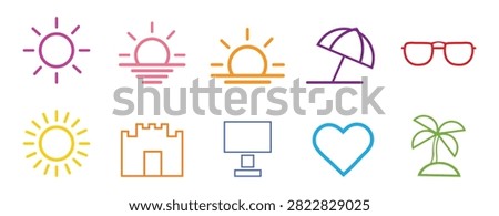 Colorful set: sun, thermometer, umbrella, light bulb, cloud, snowflake, moon, gift box, envelope, heart, scissors