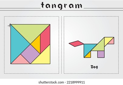 Colorful set of tangram game icons made with geometry shapes in abstract style, includes animals, vector illustration.