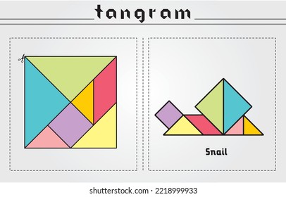 Colorful set of tangram game icons made with geometry shapes in abstract style, includes animals, vector illustration.