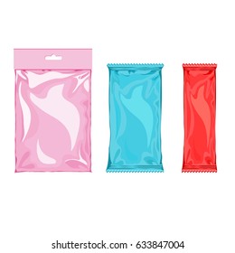 Colorful set of Template pocket bag. Foil Package for snack or cookie purple blue and  red color