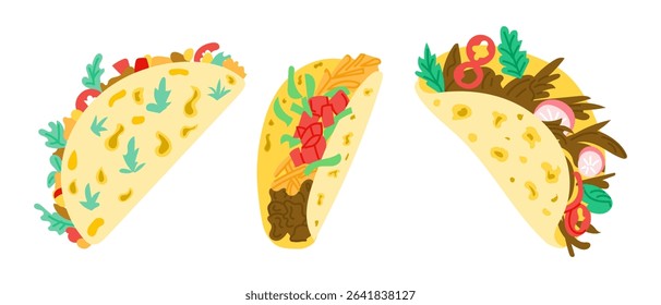 Colorful set of three tacos filled with various meats, vegetables and toppings in flat style. Concept reflects Mexican cuisine, street food culture and flavorful meal variety