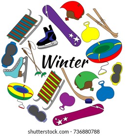 Colorful Set of tools of winter sports and games equipment