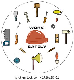 Colorful set of tools - work safely. Isolated vector logo, icon, illustrations. Idea for decors, gifts, ornaments, celebrations, working and repair themes. Ready-made artworks.