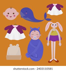 Colorful set of toys, baby girl dress, cute whale, newbornbabys and hat. Vector illustration