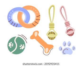 A colorful set of toys for dogs. Dog toys, puppy training, pet supplies. A collar, a ball, a rope with a ball for dogs, round chewing rings, a rubber bone. Flat vector illustrations.