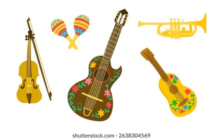 Colorful set of traditional mariachi musical instruments in vibrant hand drawn style. Celebrates Mexican culture, music and festive traditions with folkloric charm