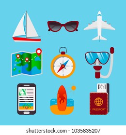 Colorful set of travel icons in flat stile isolated on blue. Vector illustration. Cruise icons. Vacation icons.