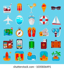 Colorful set of travel icons in flat stile isolated on blue. Vector illustration. Cruise icons. Vacation icons.