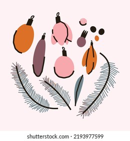 Colorido conjunto de bolas de árbol y ramas de abeto. Ilustración vectorial para el diseño de Navidad y Año Nuevo. 