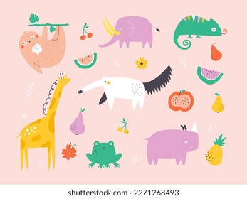 Colorful set of tropical animals sloth, giraffe, anteater, rhino, elephant and juicy fruits